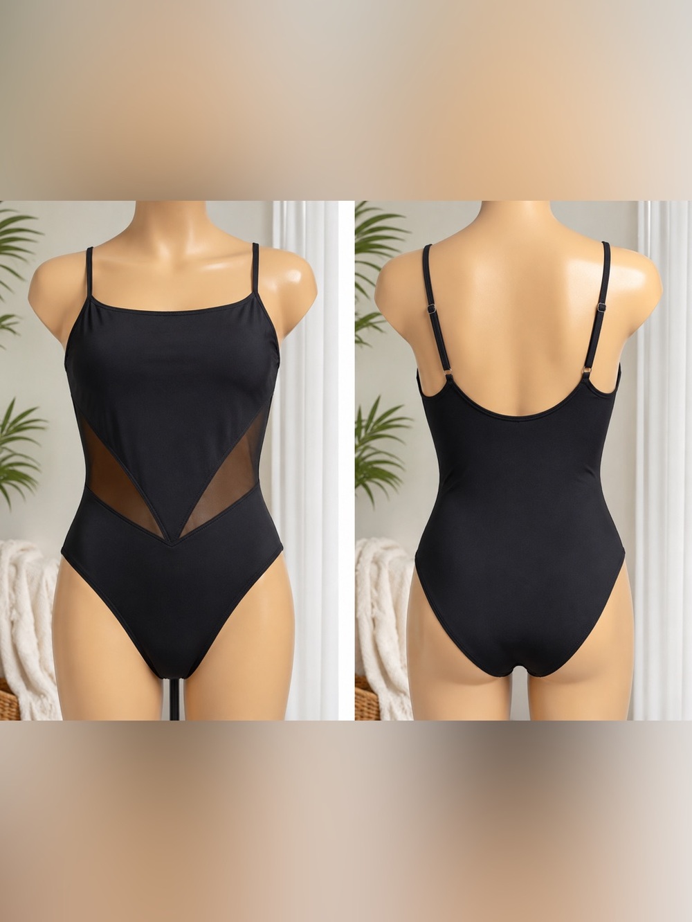 Black One-Piece Swimsuit Sheer Mesh Inset Tummy Control Bathing Suit